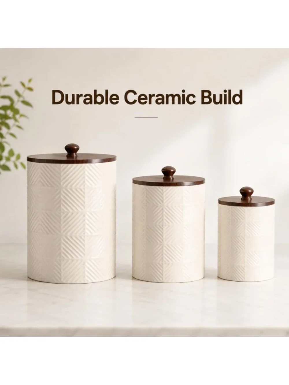 Airtight Ceramic Kitchen Canister Set of 3 with Bamboo Lids - Flour, Sugar, Tea